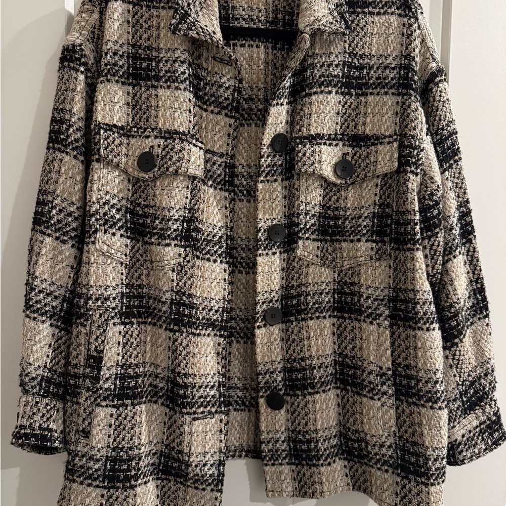Zara Beige and Black Checked Bouclé Shacket